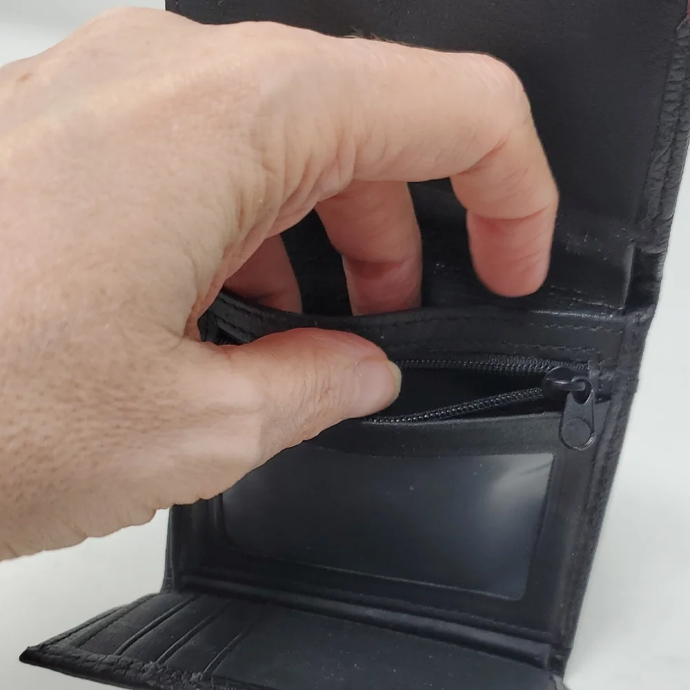 Black Leather Tri-fold Wallet With Cross Embrossed On Front